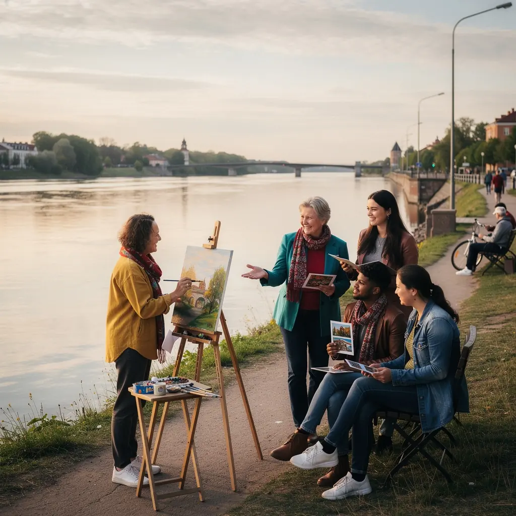 Ajalooline tänav vanalinnas, kus kohalikud jalutavad ja naudivad arhitektuuri.