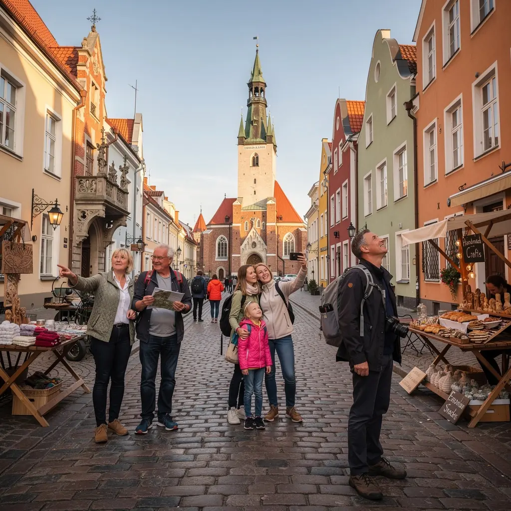 Rühm turiste jalutamas, nautides kaunist vaadet Tallinna vanalinnale.